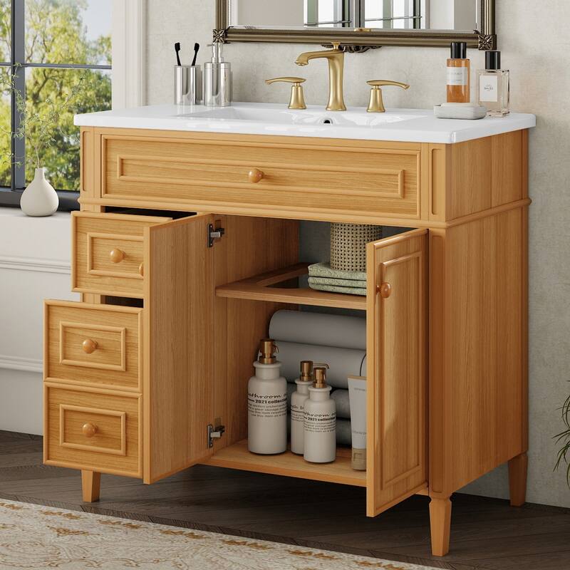 GDFStudio - Oliver Bennett 36-Inch Freestanding Bathroom Vanity with Flip-Out Storage and Refined Wood