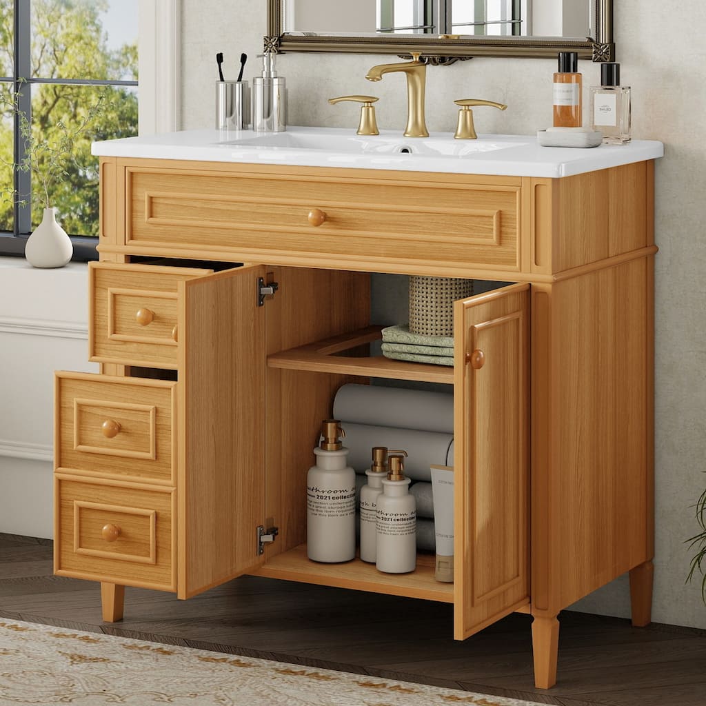 Merax Bathroom Vanity with Ceramic Sink Top & Dual-Size Drawers