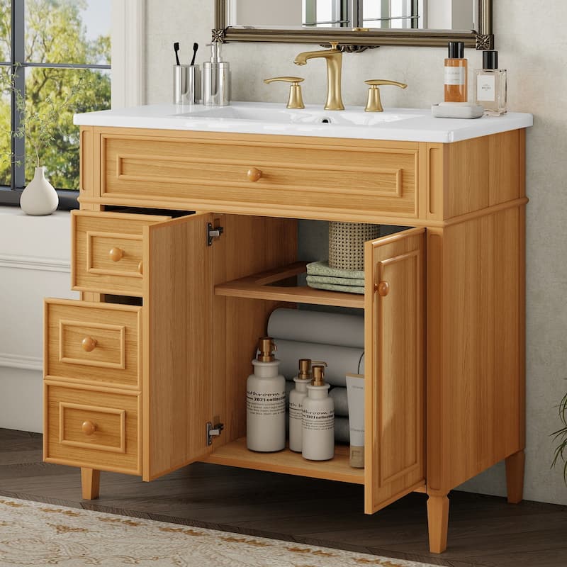 Merax Bathroom Vanity with Ceramic Sink Top & Dual-Size Drawers - Wood
