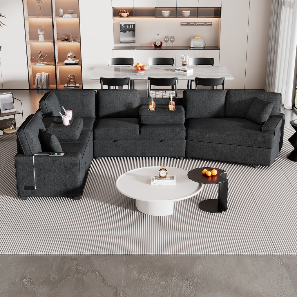 126" L-shaped Blue Black Pull-out Sectional Sofa Bed with Chargers, Cup Holders, Chenille Upholstery