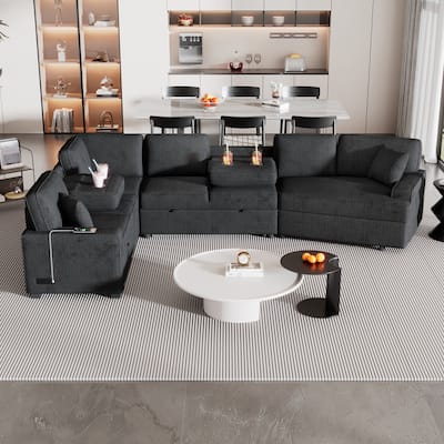 Black 126" L-Shaped 6-Seat Sectional Sofa with Pull-Out Bed, USB Charging Ports, and Drop-Down Cup Holder Tables