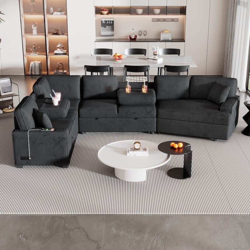 Modern 126" L-Shaped Sofa with Sleeper Bed, Cup Holders, and Power Outlets - Blue Black