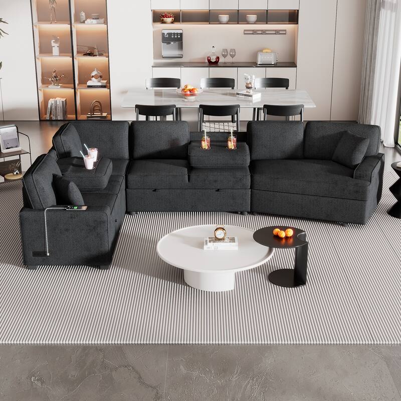 Modern L-Shaped Sectional Sofa with Pull-Out Bed, USB Ports and Drop-Down Cup Holder Tables for Living Room - Black+Blue