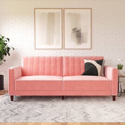 Pin Tufted Transitional Futon, Convertible Sofa Couch, Pink Velvet