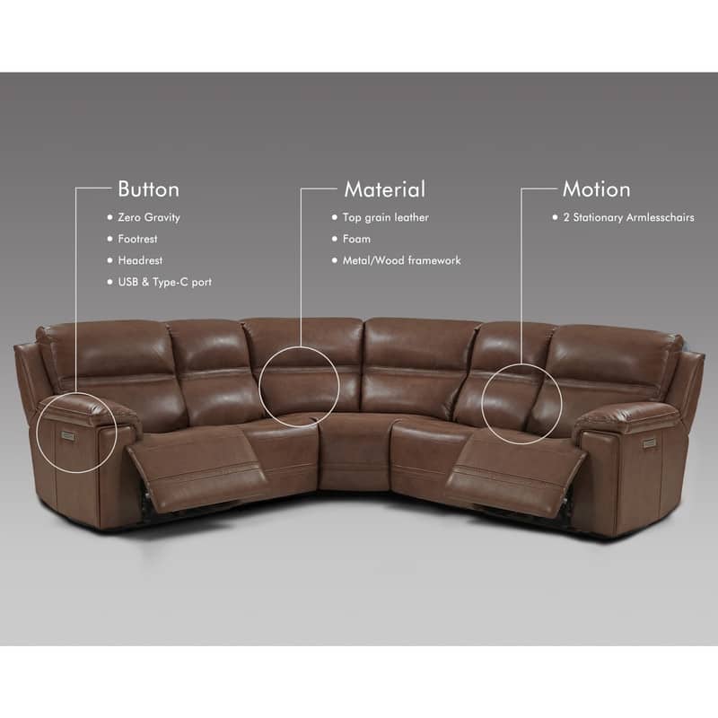 108" W Premium Genuine Leather Dual-Power Sectional Sofa with Zero Gravity, Adjustable Headrest, USB&Type-C Ports