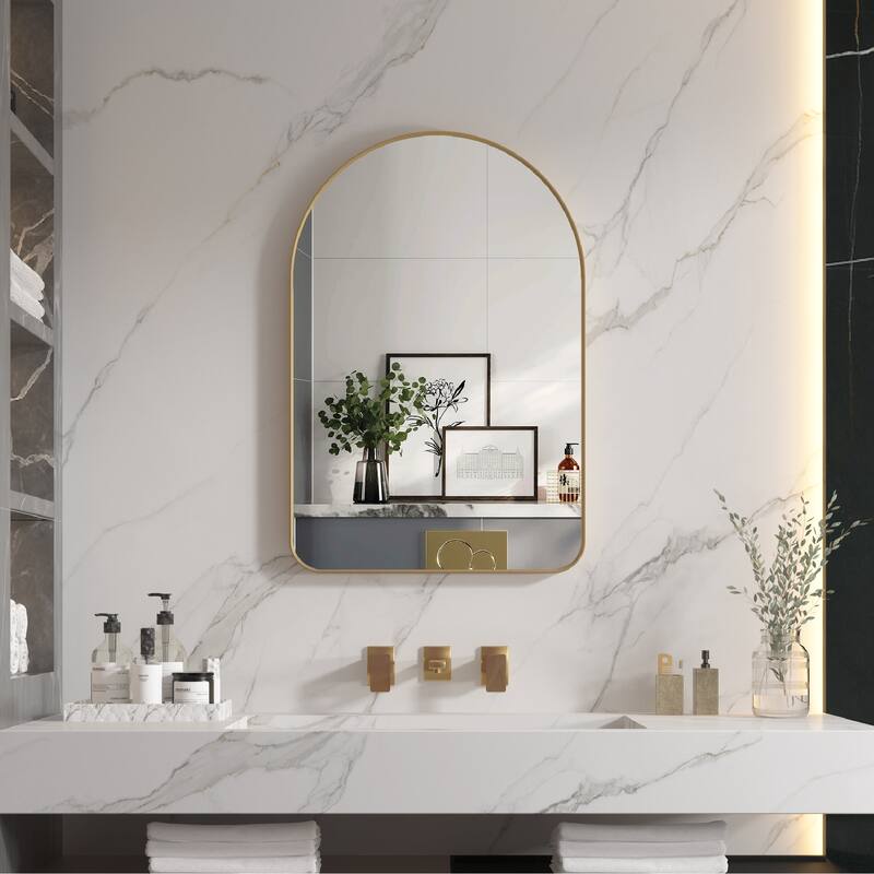 24 in./28 in. W x 36 in. H Bathroom Wall Mounted Arched Anodized Aluminum Framed Mirror - Brushed Gold-24'' W