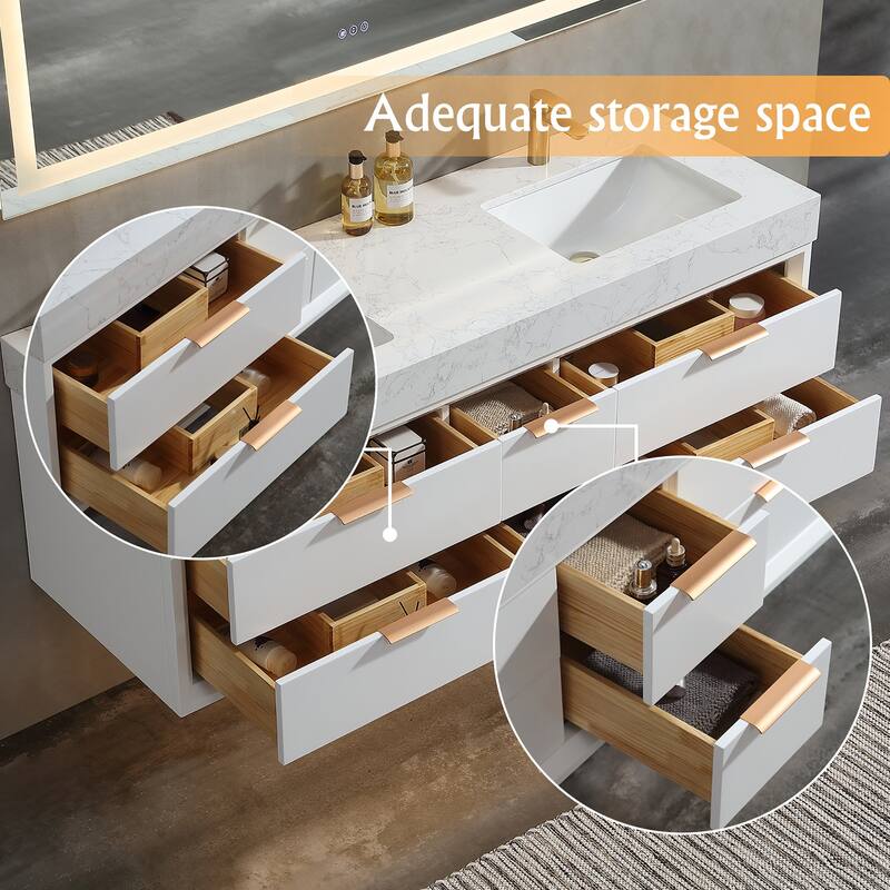 60 Inch Solid Wood Frame Wall-Mounted Bathroom Vanity Set with Double Ceramic Basin