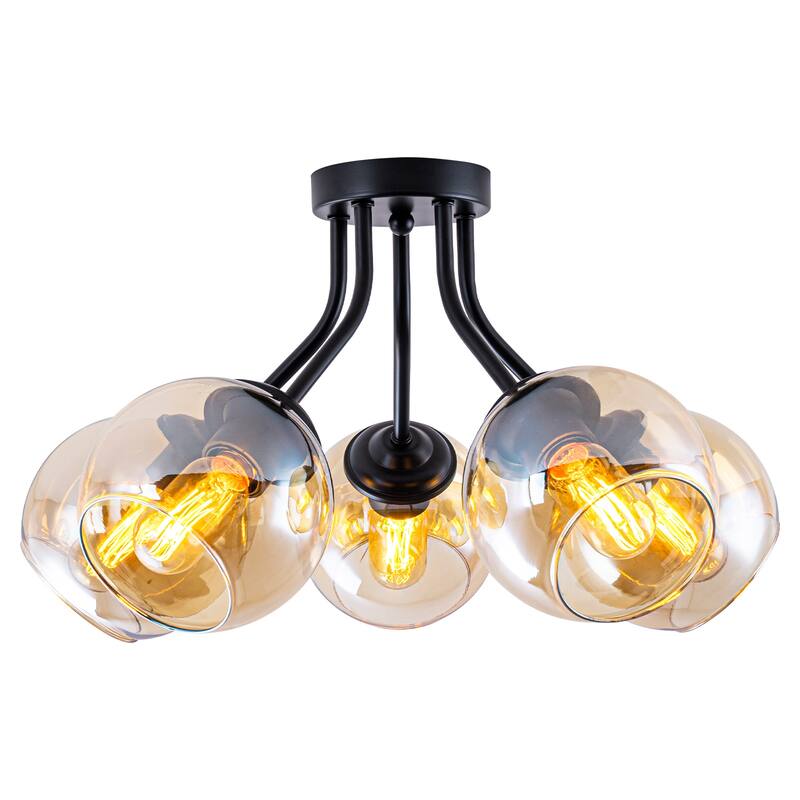 5 Lights Semi-Flush Mount Ceiling Light with Amber Glass Shade Sputnik - Dia.20.47-in