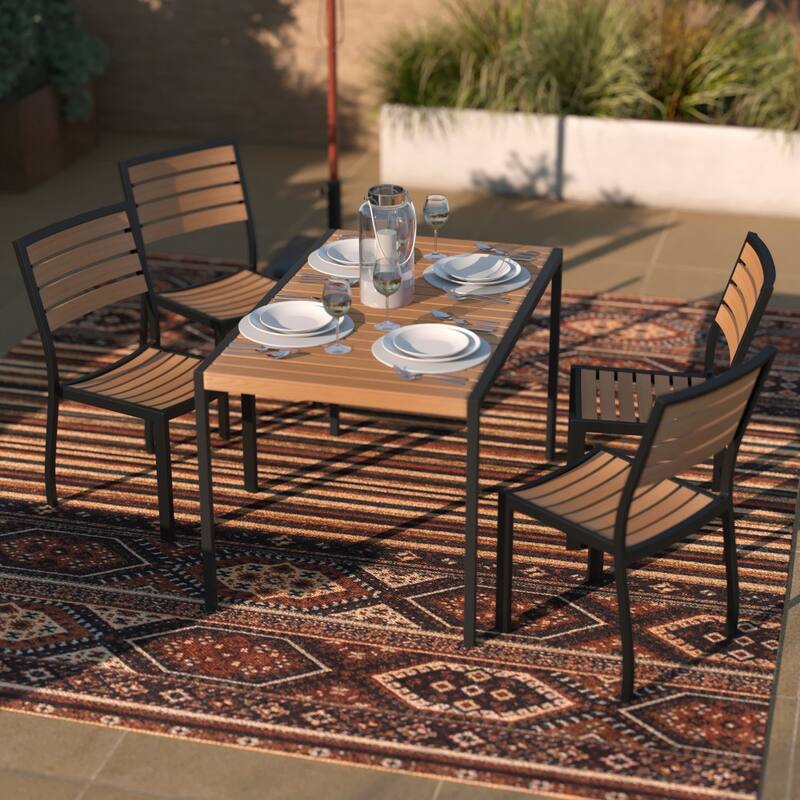 Indoor/Outdoor Steel Framed Faux Teak Patio Table with 4 Chairs