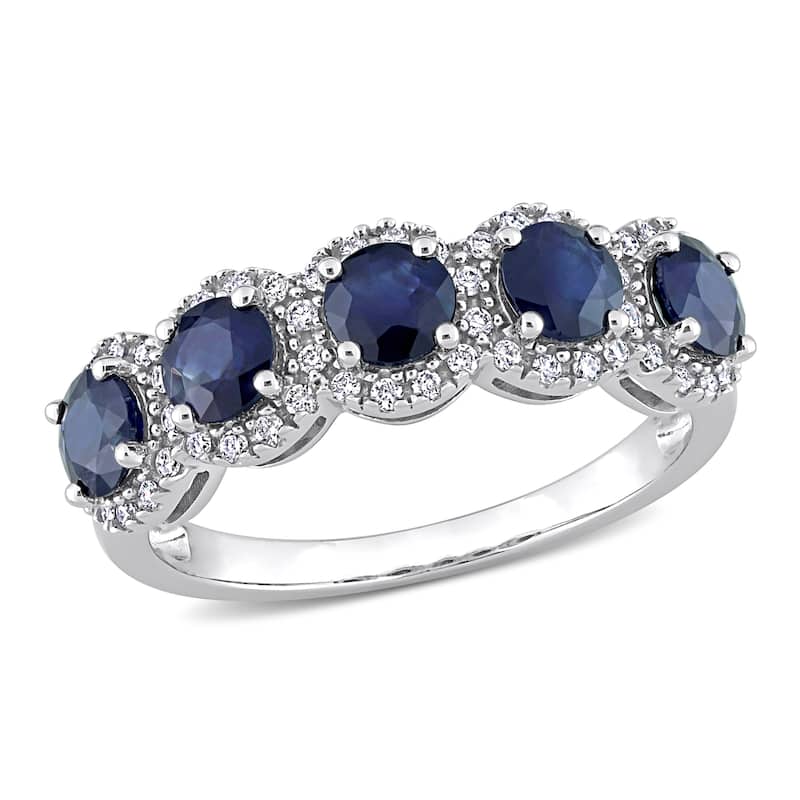 Miadora Blue Sapphire and 1/5ct TDW Diamond 5-Stone Halo Semi-Eternity Band Ring in 14k White Gold