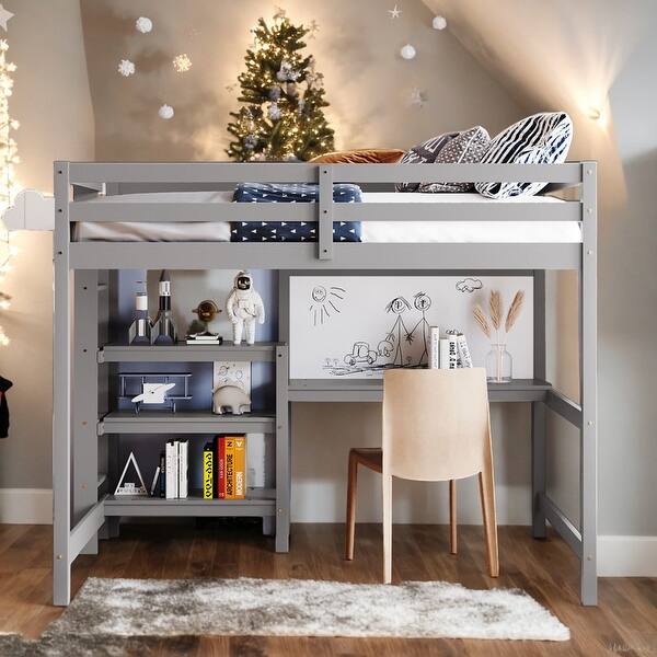 slide 2 of 13, Stylish & Simple Full Size Wooden Loft Bed with Shelves, Desk and Writing Board, Maximized space, Health and Comfort, Grey Grey