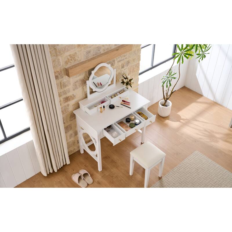 Compact Makeup Vanity Table with Reversible Mirror, Dressing Table Set with Stool, Space-Saving Beauty Station