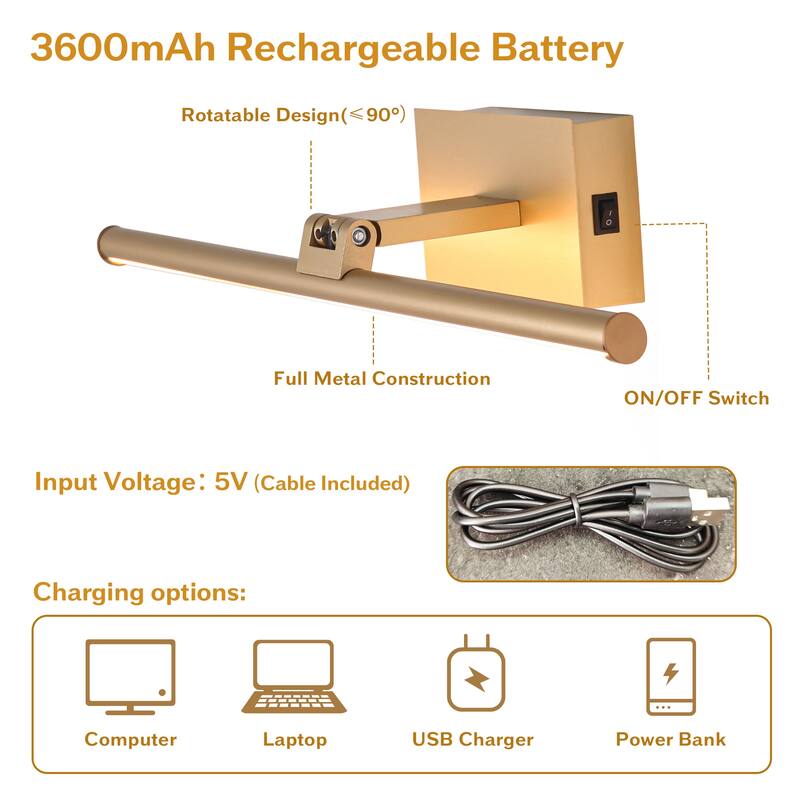 16" Modern Gold LED Wireless Picture Light with Remote Control