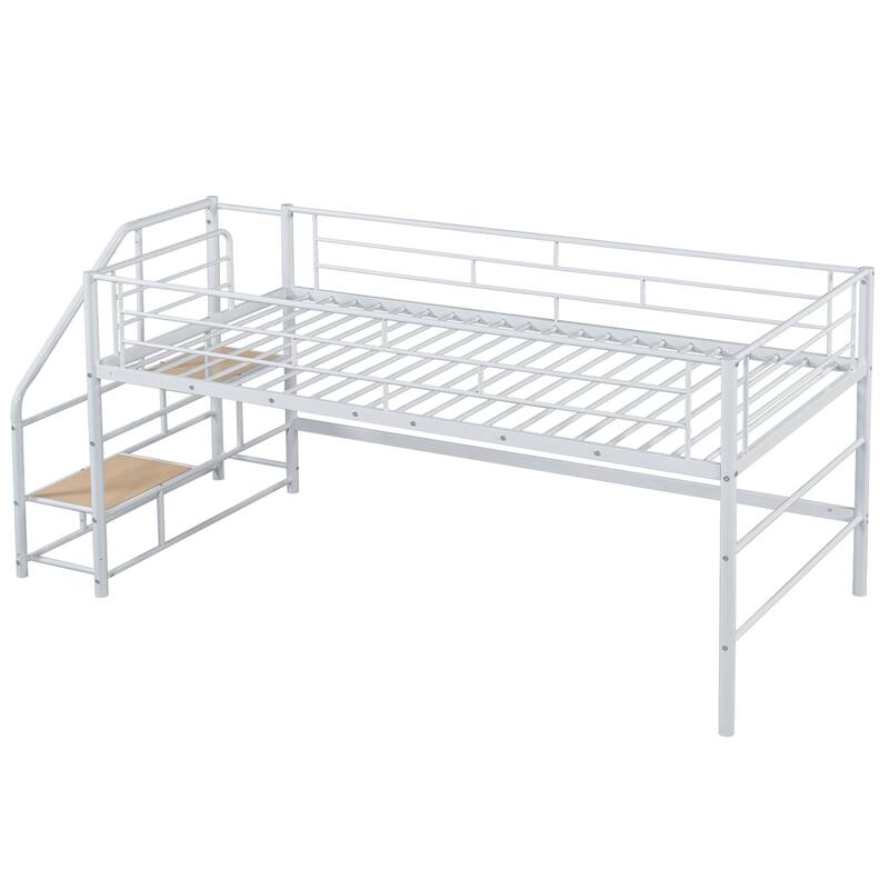 Metal Low Loft Bed with Underneath Play and Storage Spaces for Kids, Metal Loft Bedframe with Staircase and Guardrail