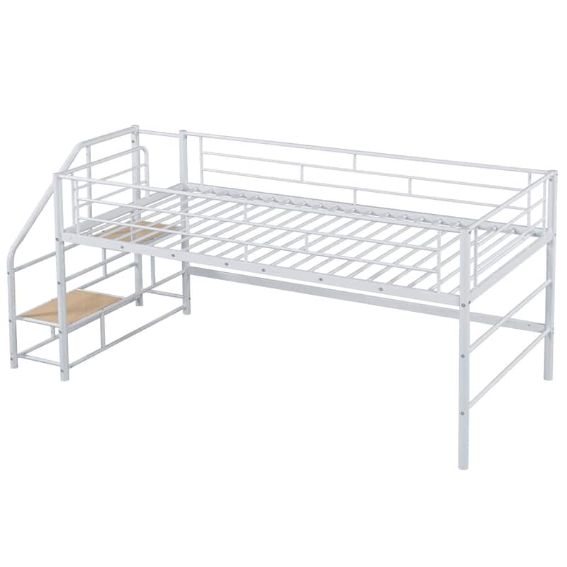 White Twin Metal Mid Loft Bed with Storage Stairs