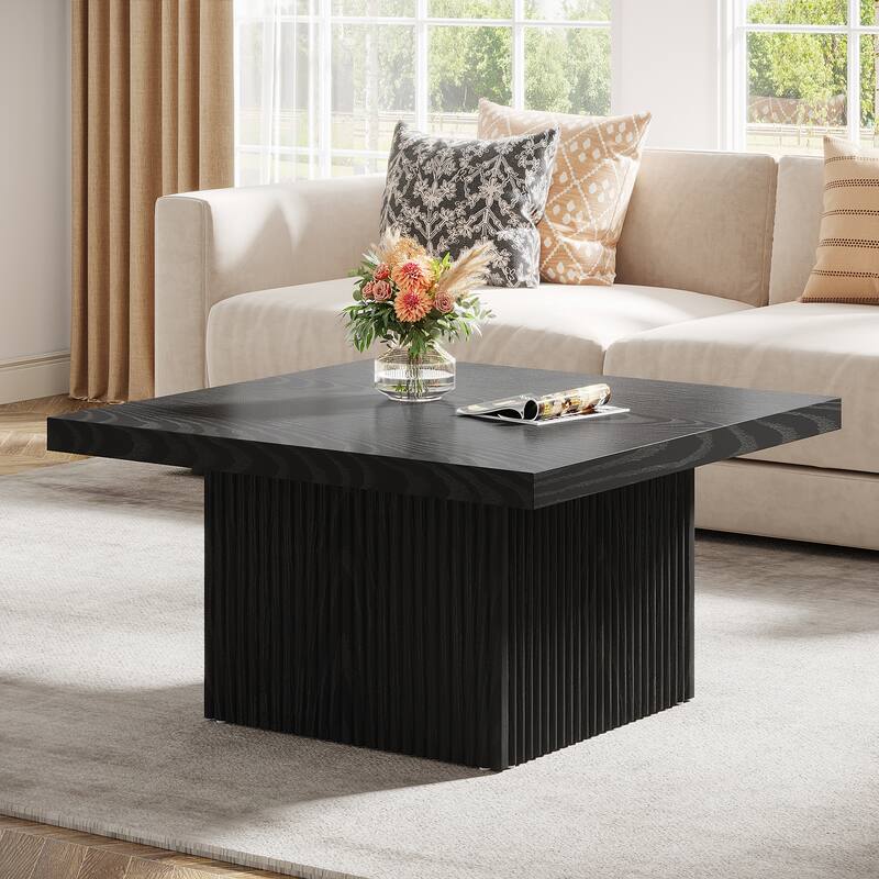 31.5 Brown Wood Square Coffee Table, Large Fluted Coffee Table for Living Room