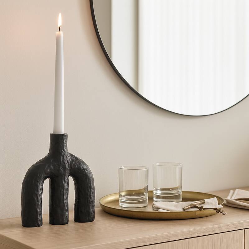 Textured Creamic Taper Candle Holder with Double Arched - Black - 9.0"