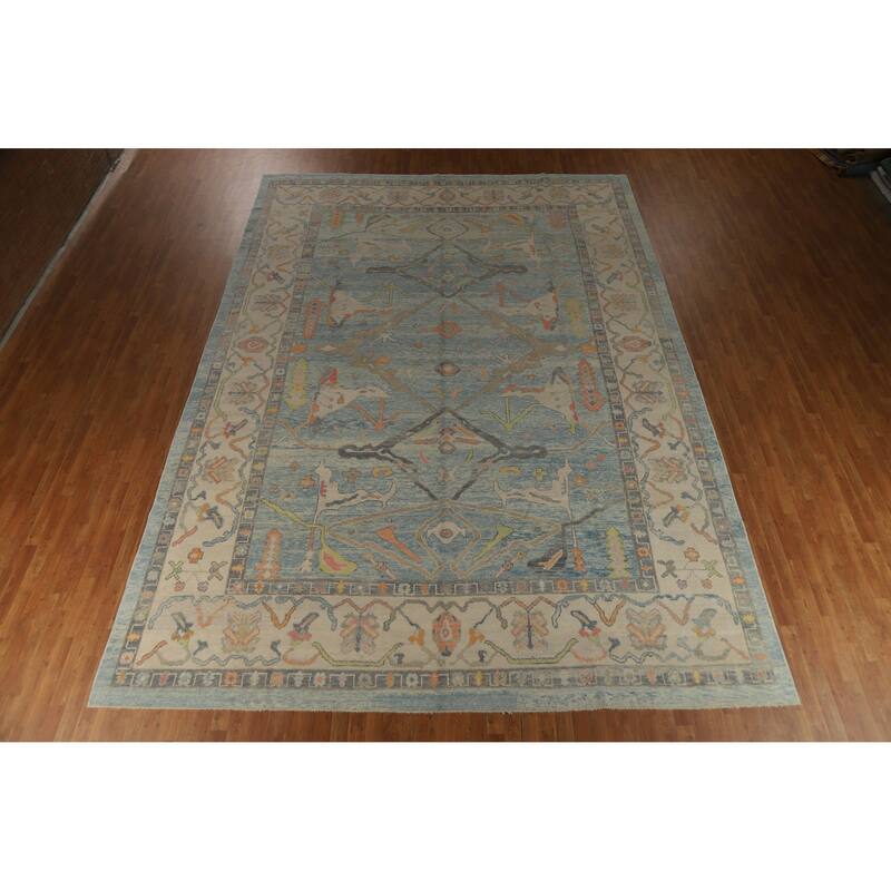 Hand Knotted Oriental 100% Wool Carpet Transitional All-Over Navy Blue & Blues Oushak Area Rug - 16' 3'' X 11' 7''