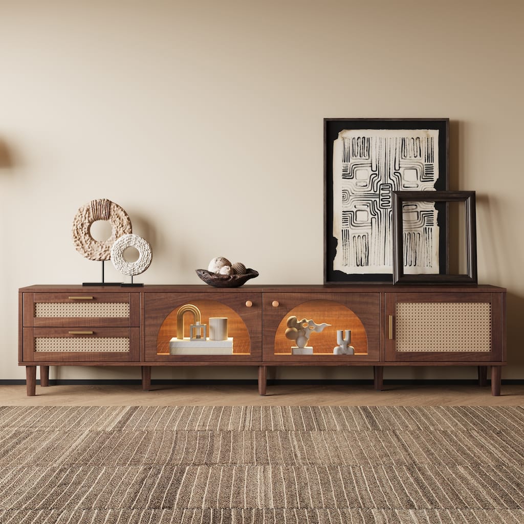 Rossetta 86'' 2-Drawer Elegant Rattan Texture TV Stand with Integrated Multi-Color LED Lights, up to 90"