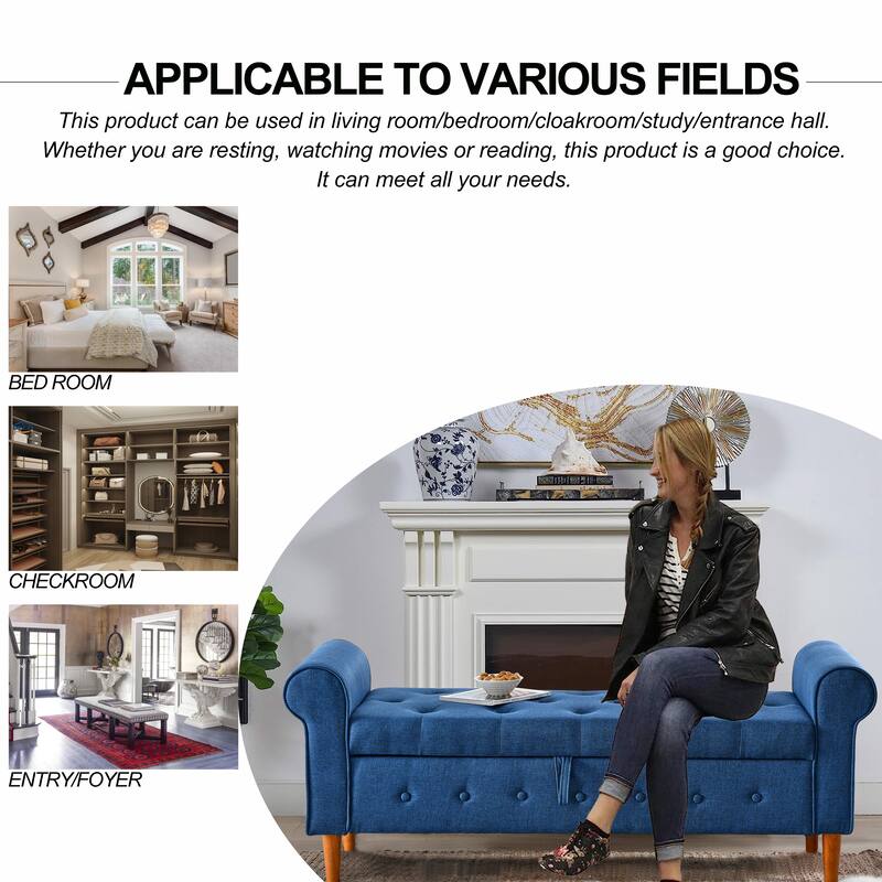62" Bedroom Tufted Button Storage Bench Linen Upholstered Ottoman