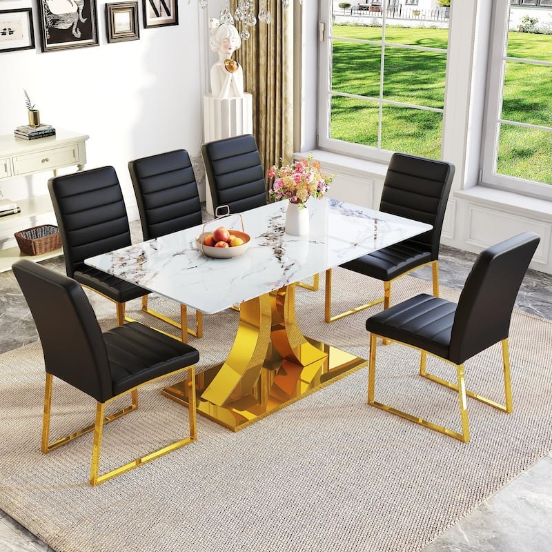 5-Piece Modern Tempered Glass Dining Table Set, 63-Inch Dining Table with 4 Minimalist Style Chairs