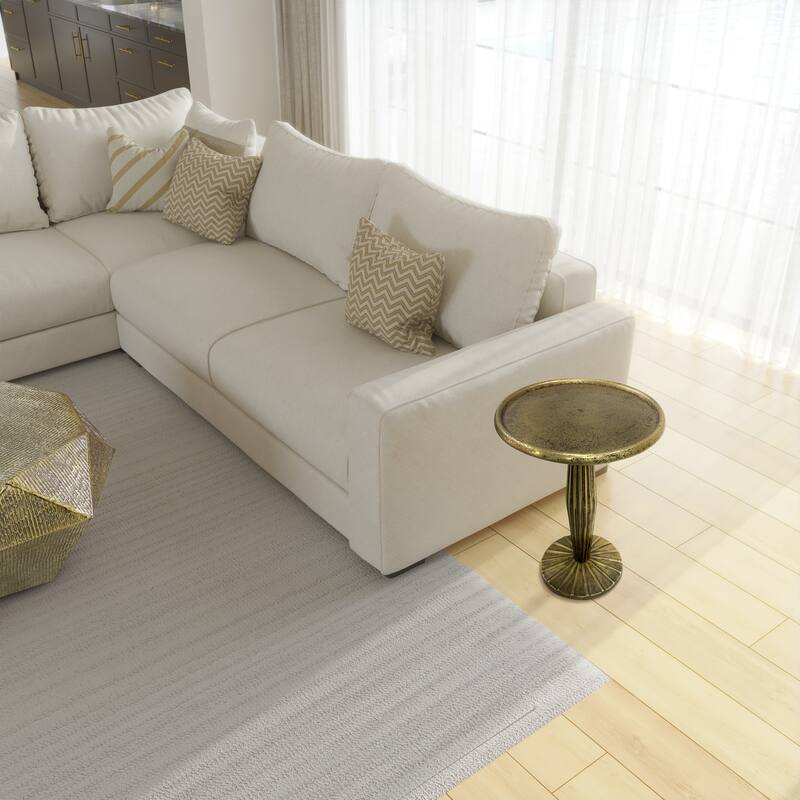 17 Inch Side End Drink Table, Fancy Fluted Base, Round Top Antique Brass