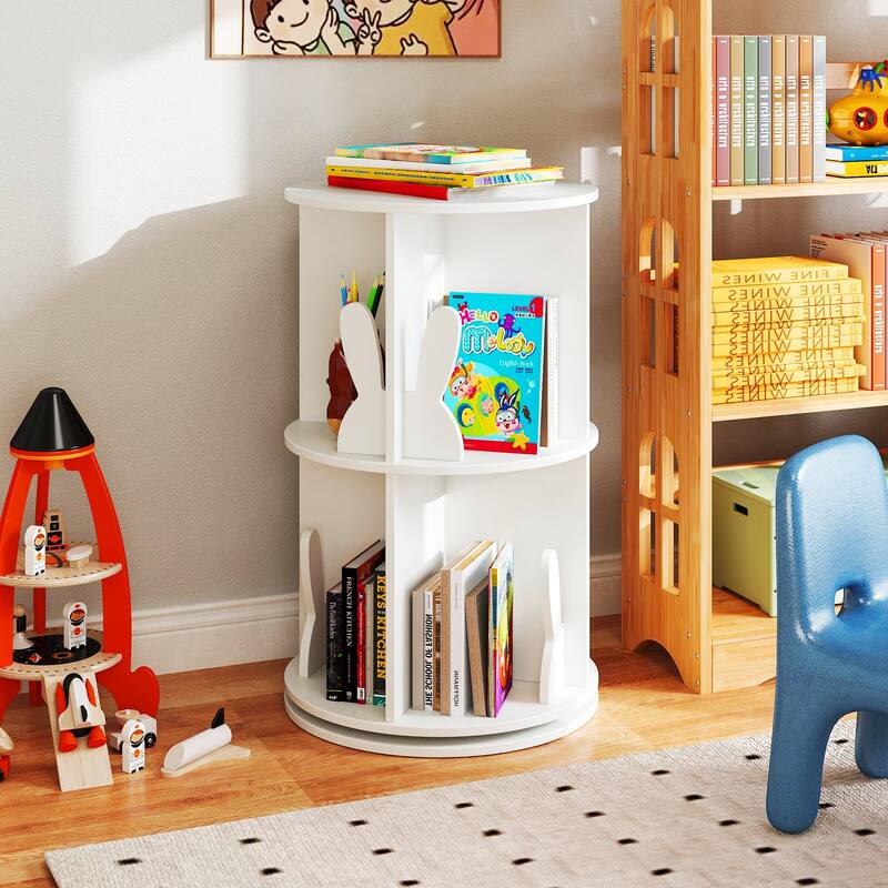 MDF Kids Rotating Bookshelf 8 Compartments 360-degree Swivel with Bunny Baffles - 16" L x 16” W x 25.5" H