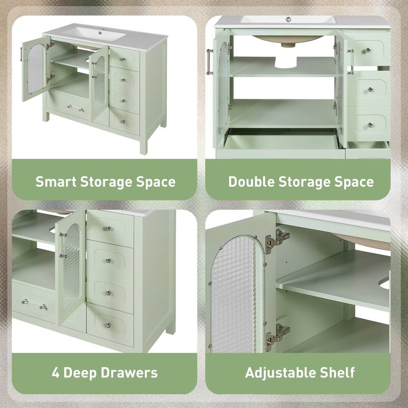 36" Bathroom Vanity with Waffle Texture Doors - 4 Drawers, 2 Soft-Closing Doors, Glass Accents, Modern Storage Cabinet