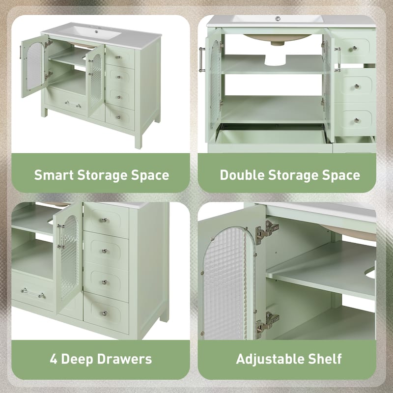 72" Double Sink Bathroom Vanity - Waffle Texture Doors, 8 Drawers & 4 Soft-Close Cabinets, Large Storage with Glass Accents