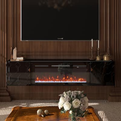 67 In. Black Media Tv Stand In High Gloss Paint Mdf