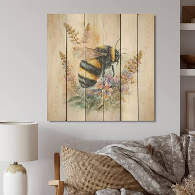 Designart 'Bee Flying To A Flower Watercolour III' Animals Bee Wood Wall Art - Natural Pine Wood
