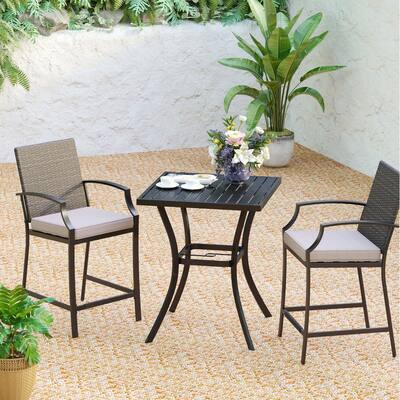 MAISON ARTS 3/5-Piece Patio High Bar Stool Set Rattan Chair Back Cushioned High Bar stool & Steel High Table