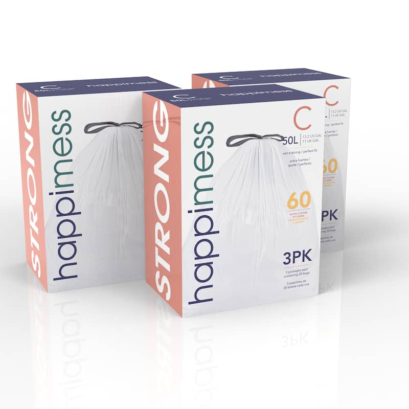 happimess 13.2-Gal (50L) Drawstring Trash Can Liner, (60-Count, 3-Packs)