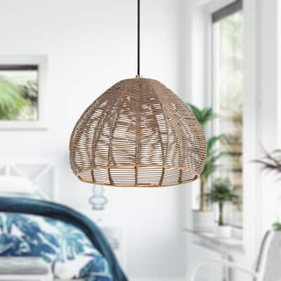 Nadine River of Goods Boho Woven Rattan Cloche Hanging Pendant Light - 12.75" x 12.75" x 10.5/58.5"