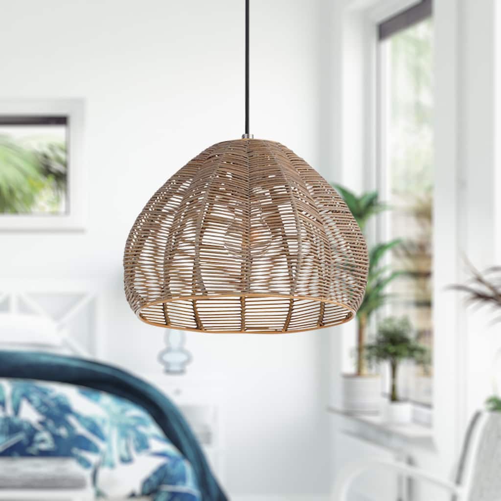 Nadine River of Goods Boho Woven Rattan Cloche Hanging Pendant Light - 12.75" x 12.75" x 10.5/58.5"
