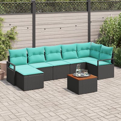 vidaXL 8 Piece Garden Sofa Set with Cushions Black Poly Rattan Acacia - 113×48×27.2