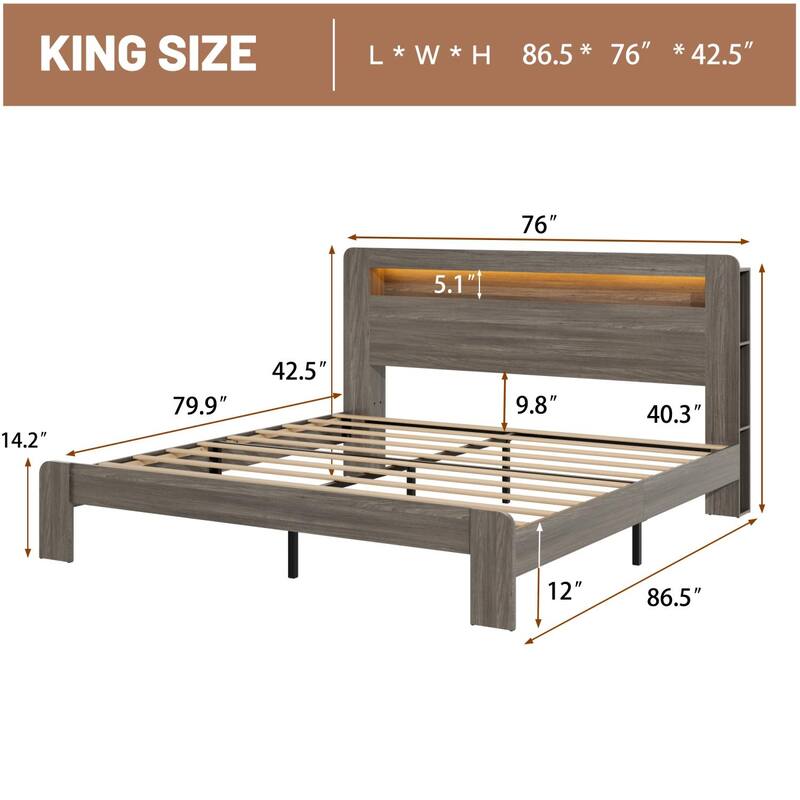Full/ Queen/ King Size American Style Wood Bed Frame w/ LED Light, Platform Bed w/ Storage Headboard and Charging Station