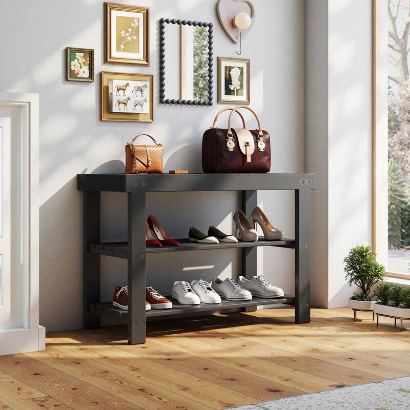 3-Tier Bamboo Shoe Rack Bench with Storage, Black, Brown, Wood