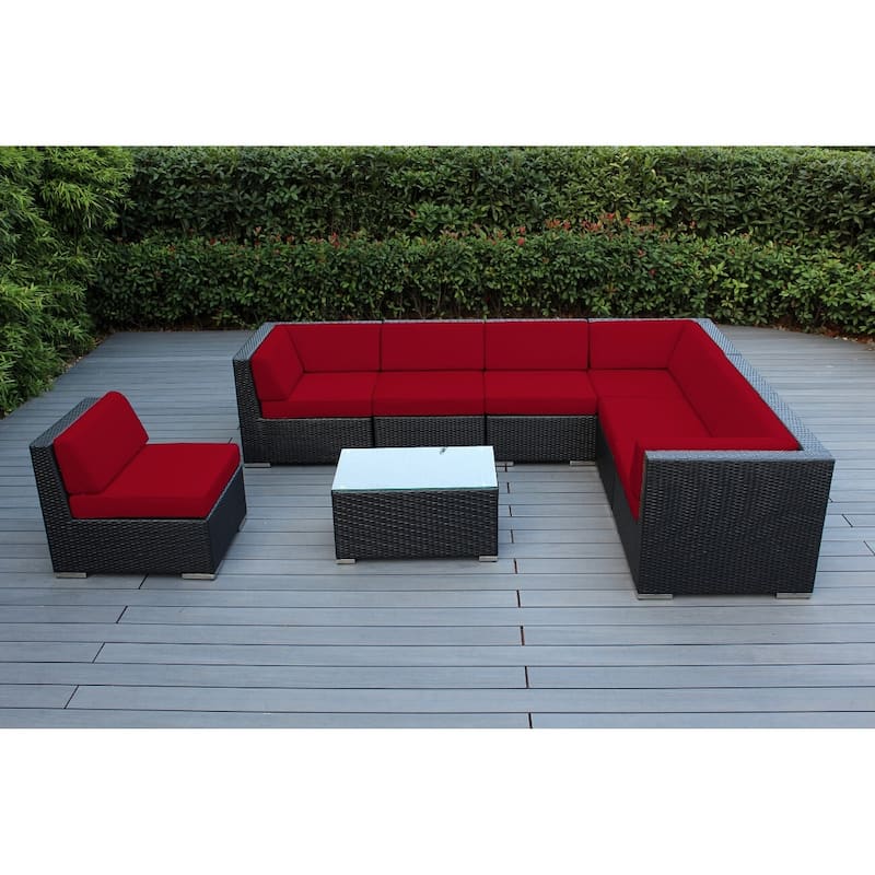 Ohana Outdoor Patio 8 Piece Black Wicker Sectional Set with Cushions - No Assembly - Sunbrella Jockey Red