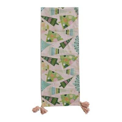 Hand-Embroidered Cotton Printed Table Runner with Christmas Trees Pattern, Beads, French Knots and Tassels