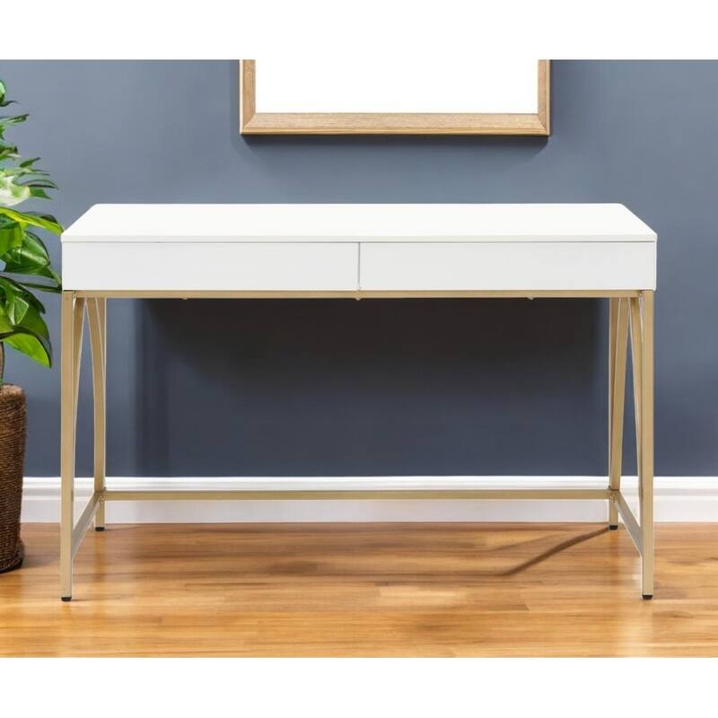 HomeRoots 50" White And Gold Wood and Steel Vanity Table With Two Drawers - Gold