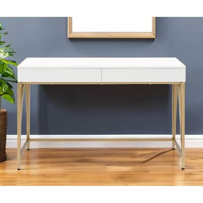 HomeRoots 50" White And Gold Wood and Steel Vanity Table With Two Drawers