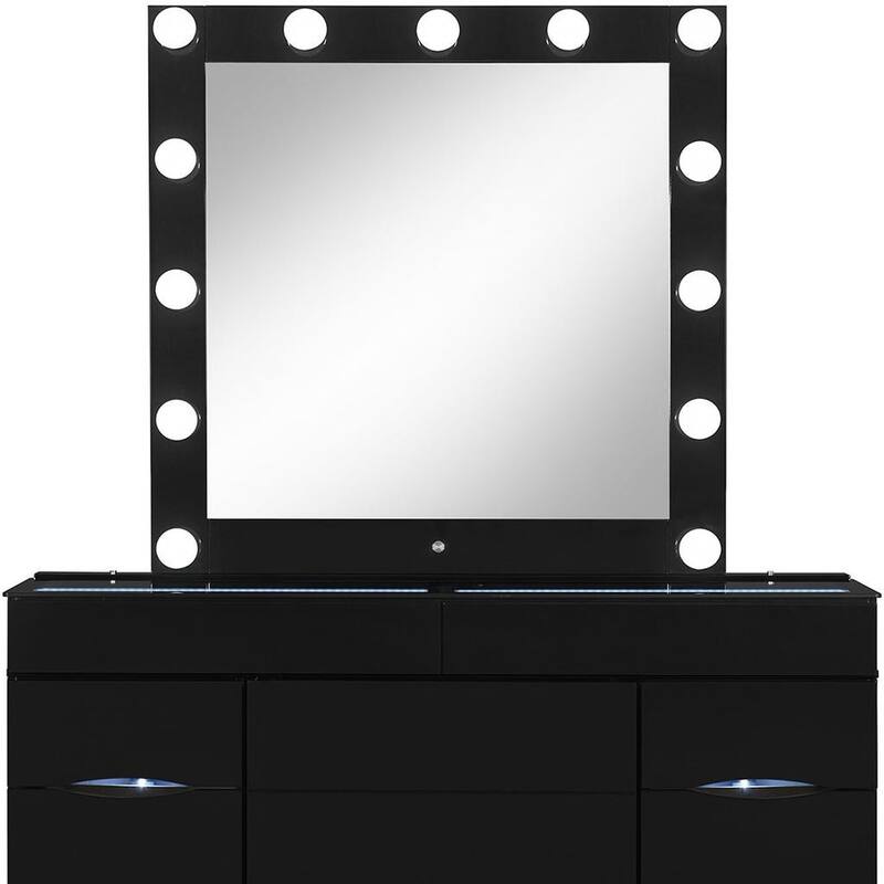 HomeRoots 62" Black Wood And Glass Six Drawer Vanity Table With Mirror Seating And Lights