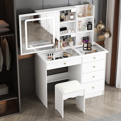 Elegant Makeup Vanity Crystal Accent Lighting Mirror Glass Top Dresser