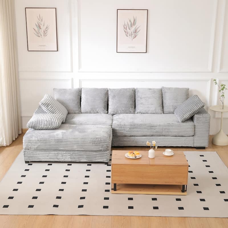 108.66" Thickened Corduroy Sectional Sofa with Storage Ottoman & Throw Pillows - Grey