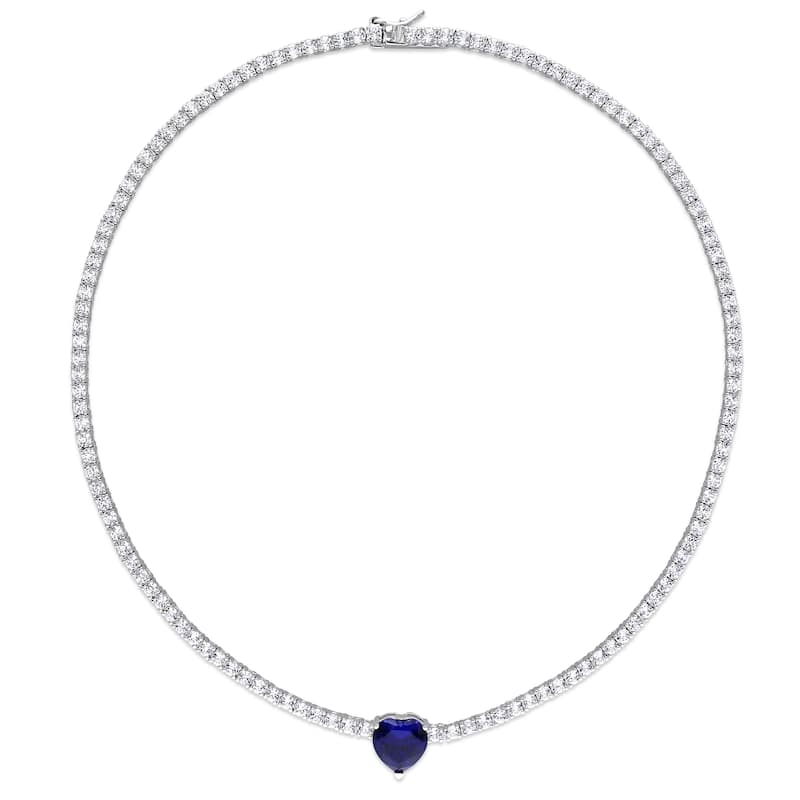 Miadora Created Blue and Created White Sapphire Heart Necklace in Sterling Silver