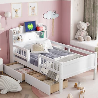 Wood Twin LED Platform Bed with Storage Headboard & Drawers
