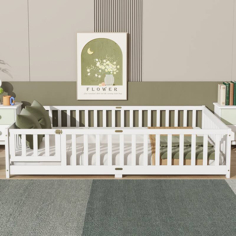 Floor Bed with Fence,Door and Safety Guardrails,Perfect for Kids' Play,Sleep and Development - White-Queen Size