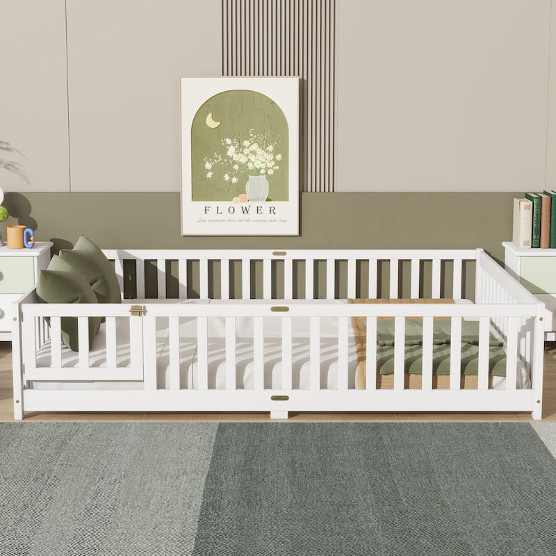 Grey Queen Size Wooden Floor Bed with Fence, Door, Rubber Safety Guardrails
