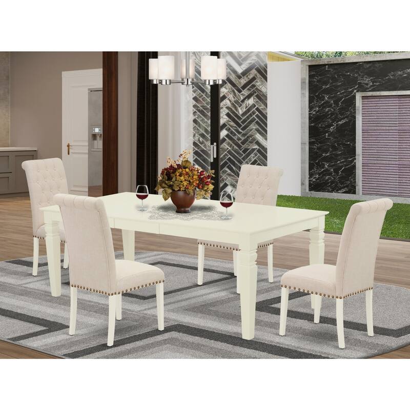 5Pc Dining Set - Rectangle Table with Leaf & 4 Parson Chairs - Linen White & Beige - 84